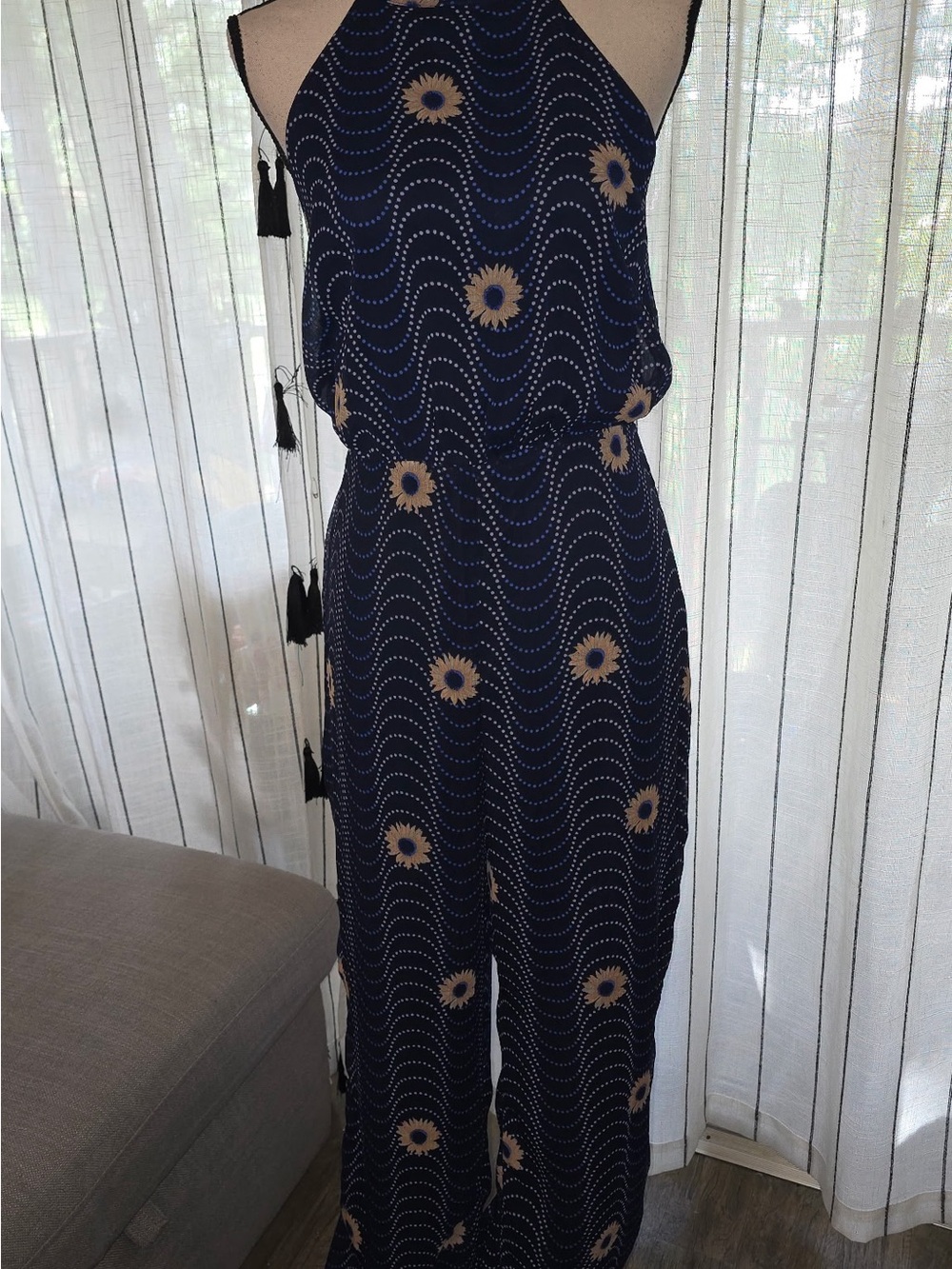 Versona Navy Halter Jumpsuit with Tan Sunflower Print